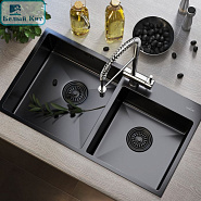 МОЙКА НАСТОЛ.МОНТАЖ 72Х40 (3,0) 2-Х ЧАШ. 3 1/2 MIXLINE PRO 22СМ С СИФОНОМ (ЧЕРНЫЙ ГРАФИТ) код 547241