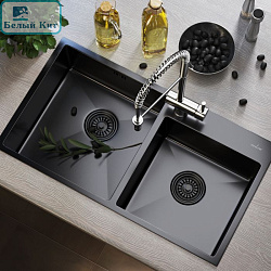 МОЙКА НАСТОЛ.МОНТАЖ 72Х40 (3,0) 2-Х ЧАШ. 3 1/2 MIXLINE PRO 22СМ С СИФОНОМ (ЧЕРНЫЙ ГРАФИТ) код 547241